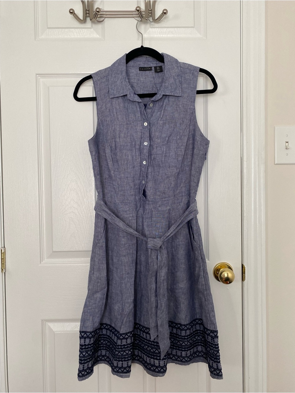Tahari Sleeveless Button-Front Midi Dress in Light Blue with Navy Hem Embroidery